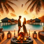 DALL·E 2025-02-15 17.06.20 - A romantic honeymoon travel scene featuring a couple on a tropical beach with a sunset, overwater bungalows, and a candlelight dinner setup. The atmos