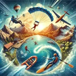 DALL·E 2025-02-15 17.07.46 - An adventure and thrill travel scene featuring activities like mountain trekking, skydiving, white-water rafting, and zip-lining. The image should sho
